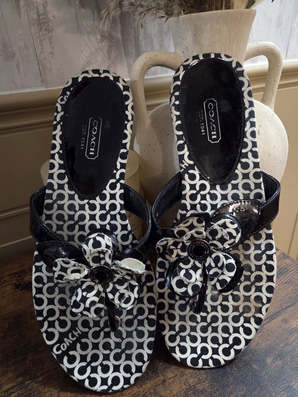 COACH Black & White Signature Flower Flip Flop Sandals